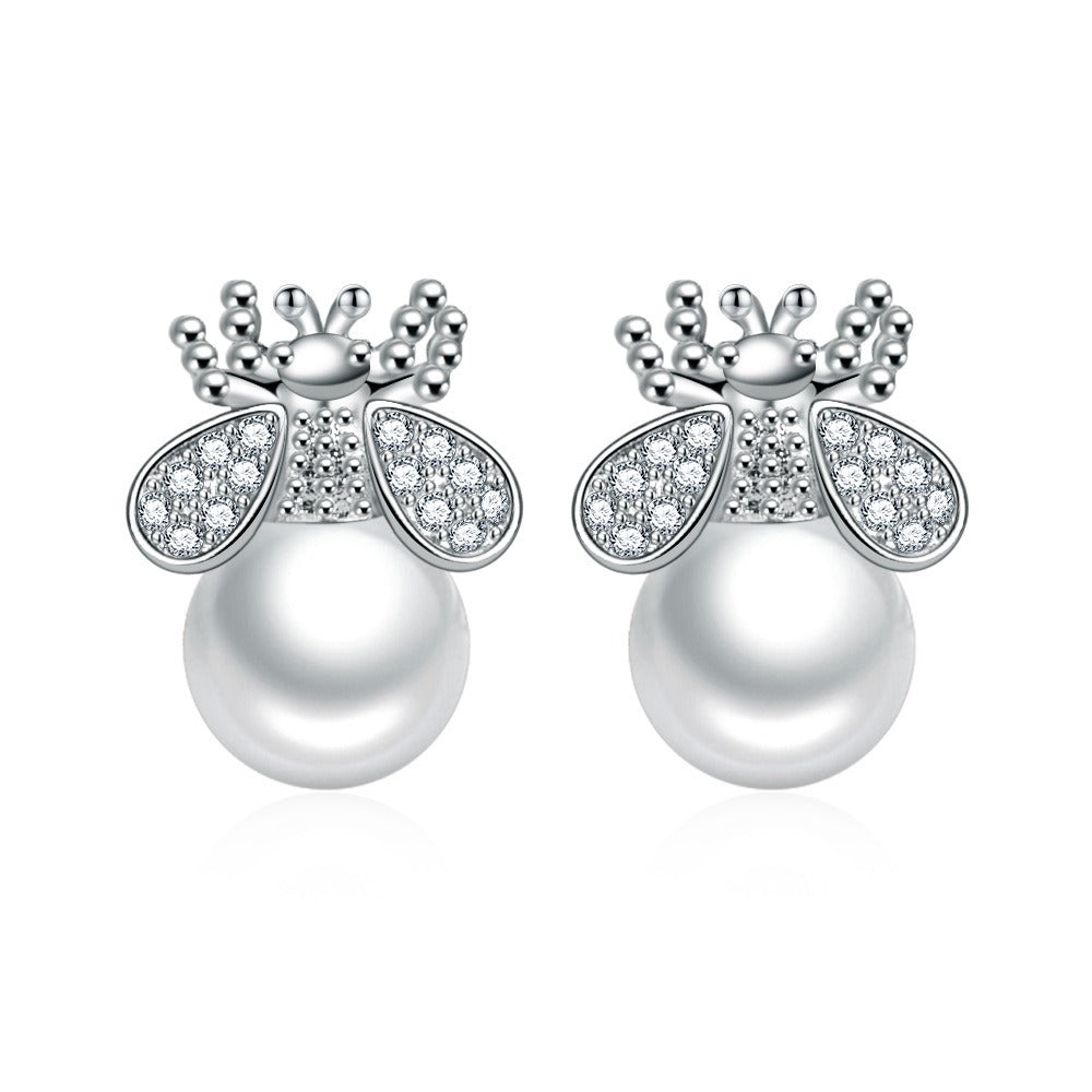 S925 new bee pearl earrings light luxury temperament freshwater earrings for women simple gold fashion personality