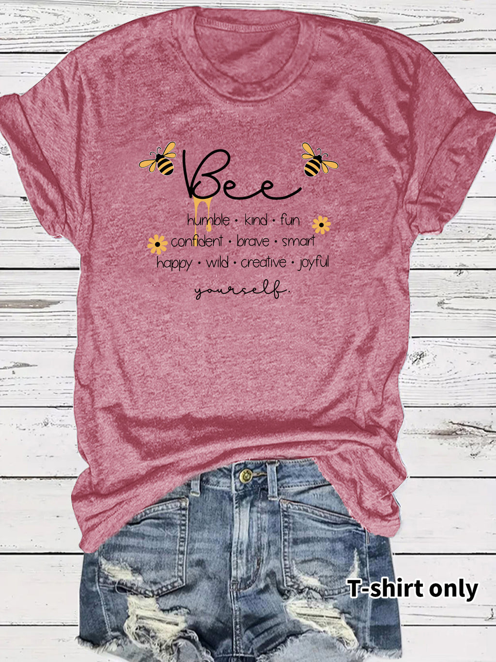 Bee and letter pattern round neck short sleeved shirt