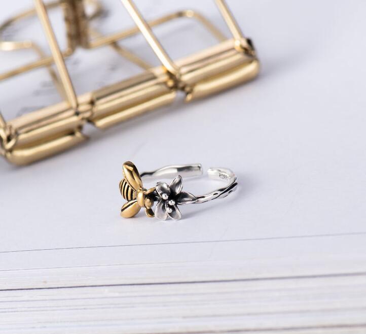 S925 Sterling Silver Ring Bee Opening Adjustable Simple Jewelry