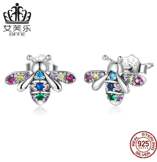 EIFFIE Original Fashion Sterling Silver Colorful Bee Earrings S925 Earrings Colorful Zircon Insect Earrings BSE559