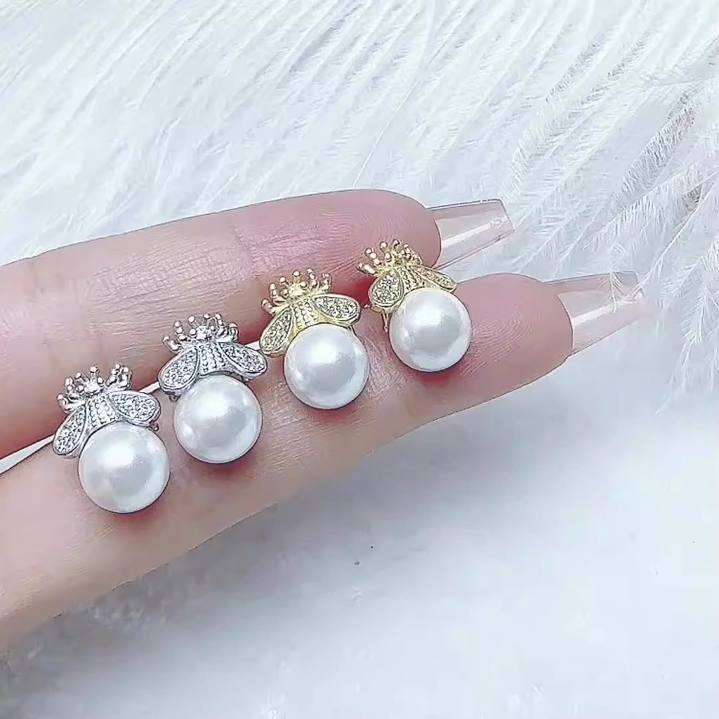 S925 new bee pearl earrings light luxury temperament freshwater earrings for women simple gold fashion personality
