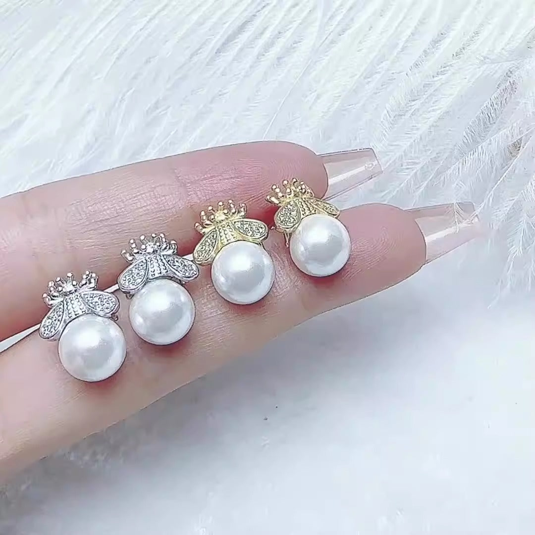 S925 new bee pearl earrings light luxury temperament freshwater earrings for women simple gold fashion personality