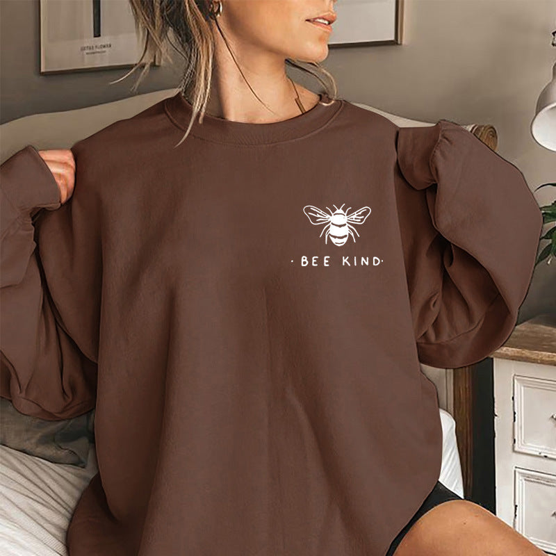 Back collar fleece hoodie round neck bee print
