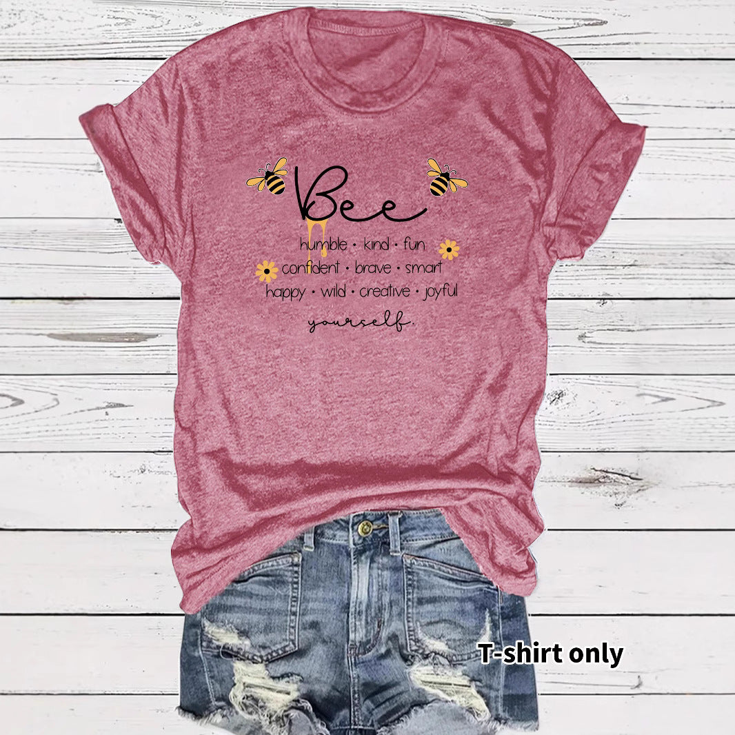 Bee and letter pattern round neck short sleeved shirt
