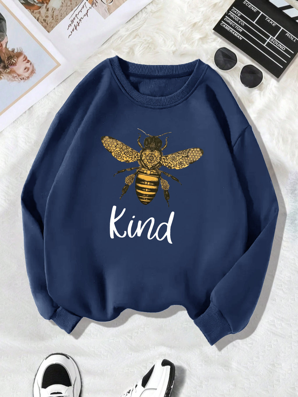 Back collar with plush sweatshirt round neck and KING bee print