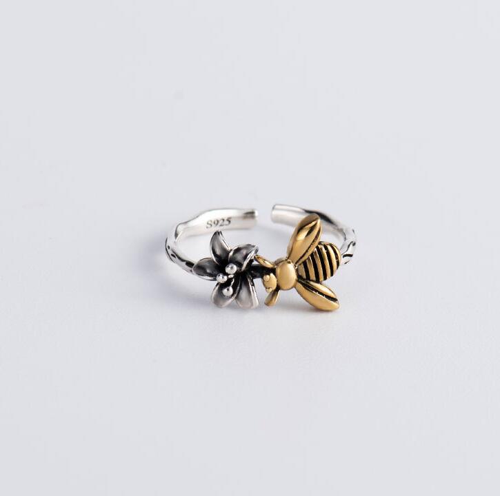 S925 Sterling Silver Ring Bee Opening Adjustable Simple Jewelry