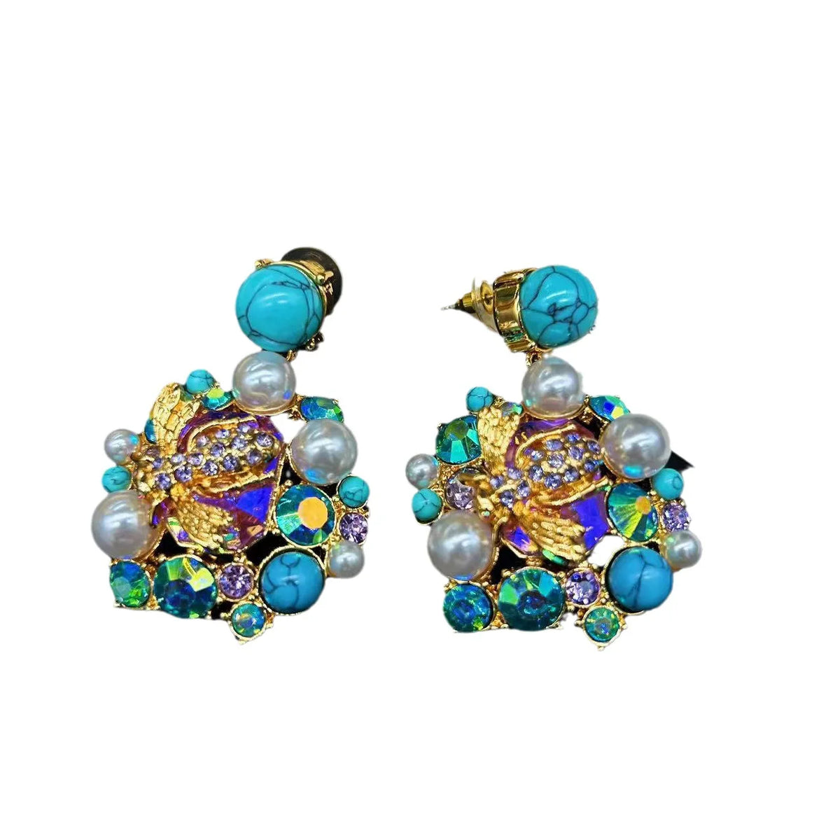 Vintage Ornament Vintage Turquoise Light Luxury Colorful Glass Bee Flower Earrings