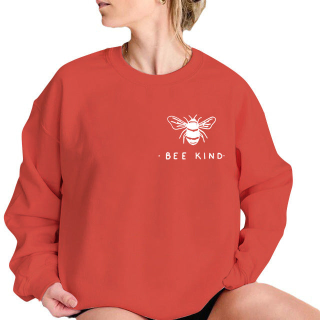 Back collar fleece hoodie round neck bee print