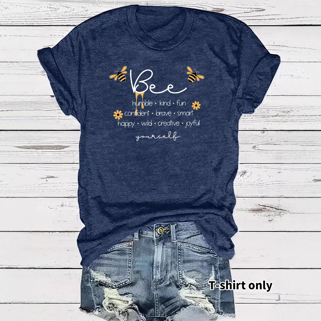 Bee and letter pattern round neck short sleeved shirt