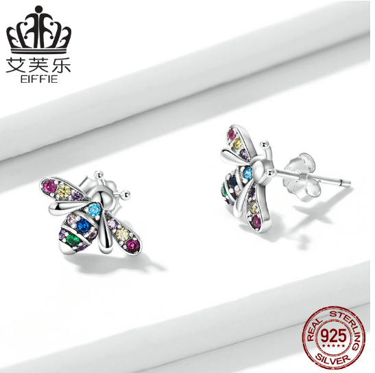 EIFFIE Original Fashion Sterling Silver Colorful Bee Earrings S925 Earrings Colorful Zircon Insect Earrings BSE559