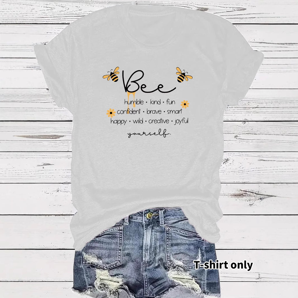 Bee and letter pattern round neck short sleeved shirt