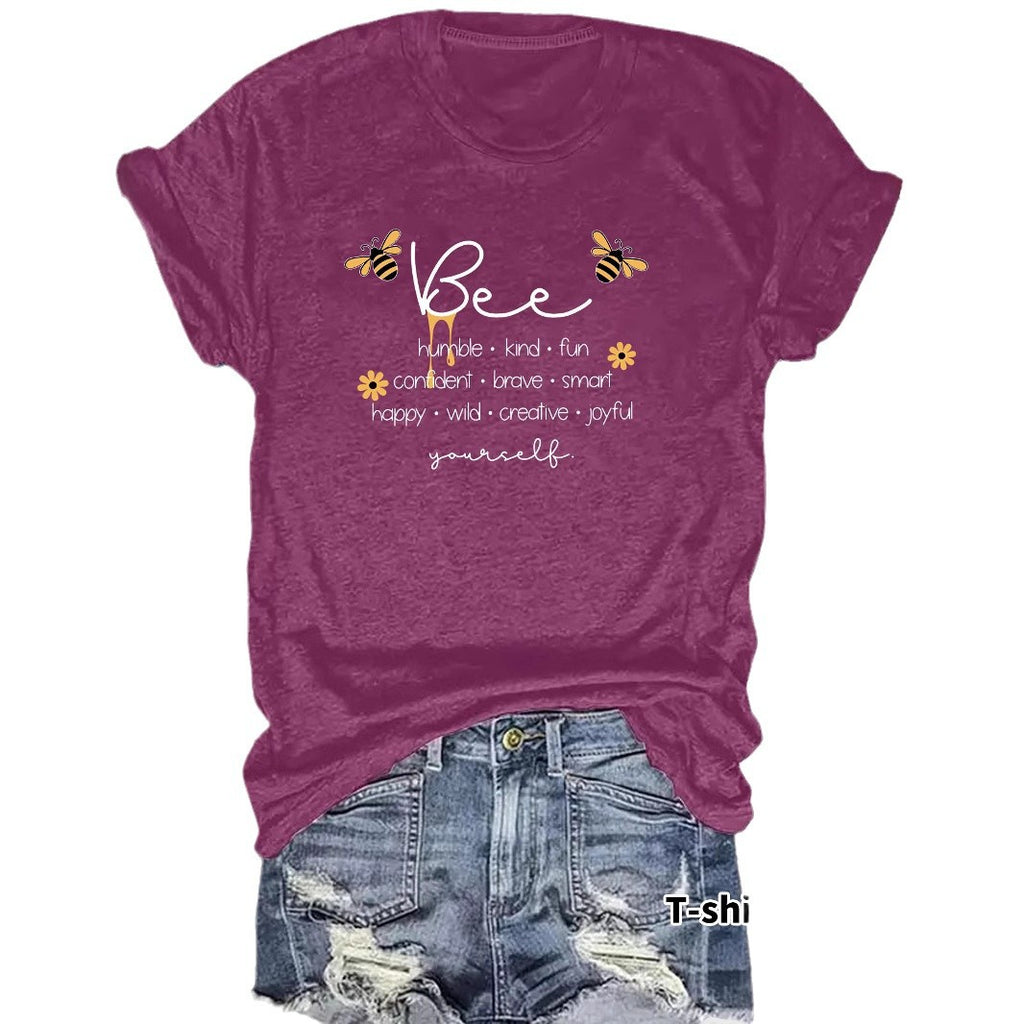 Bee and letter pattern round neck short sleeved shirt