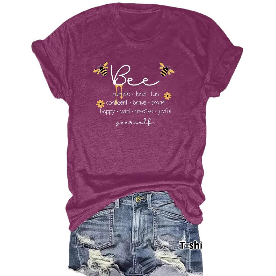 Bee and letter pattern round neck short sleeved shirt