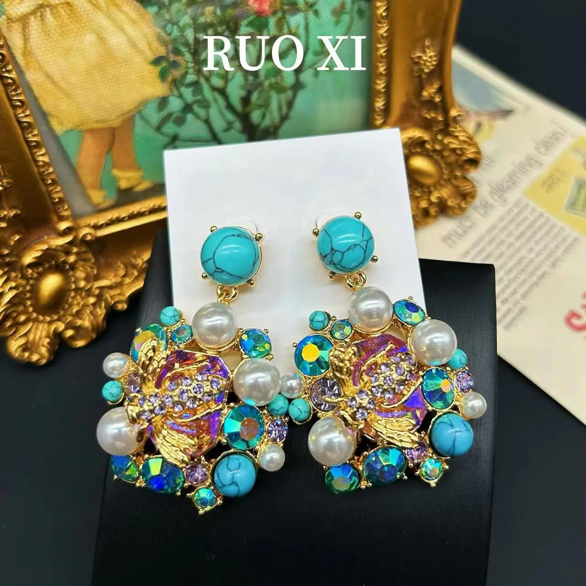 Vintage Ornament Vintage Turquoise Light Luxury Colorful Glass Bee Flower Earrings