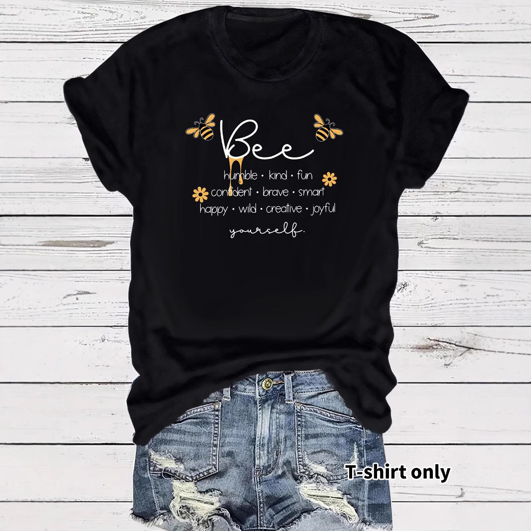 Bee and letter pattern round neck short sleeved shirt